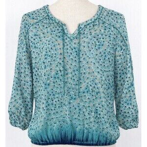 Lucky Brand Teal Print Tie Neck Blouse Medium 3/4 Sleeve Elastic Hem